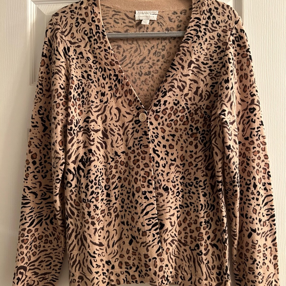 Charter Club 2-Ply 100% Cashmere Animal Print Cardigan Sweater Size Large